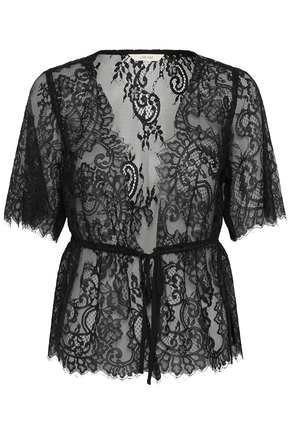 Black lace peplum top with short sleeves, a V-neckline, and a self-tie waist belt, shown against a plain white background.
