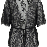 Black lace peplum top with short sleeves, a V-neckline, and a self-tie waist belt, shown against a plain white background.