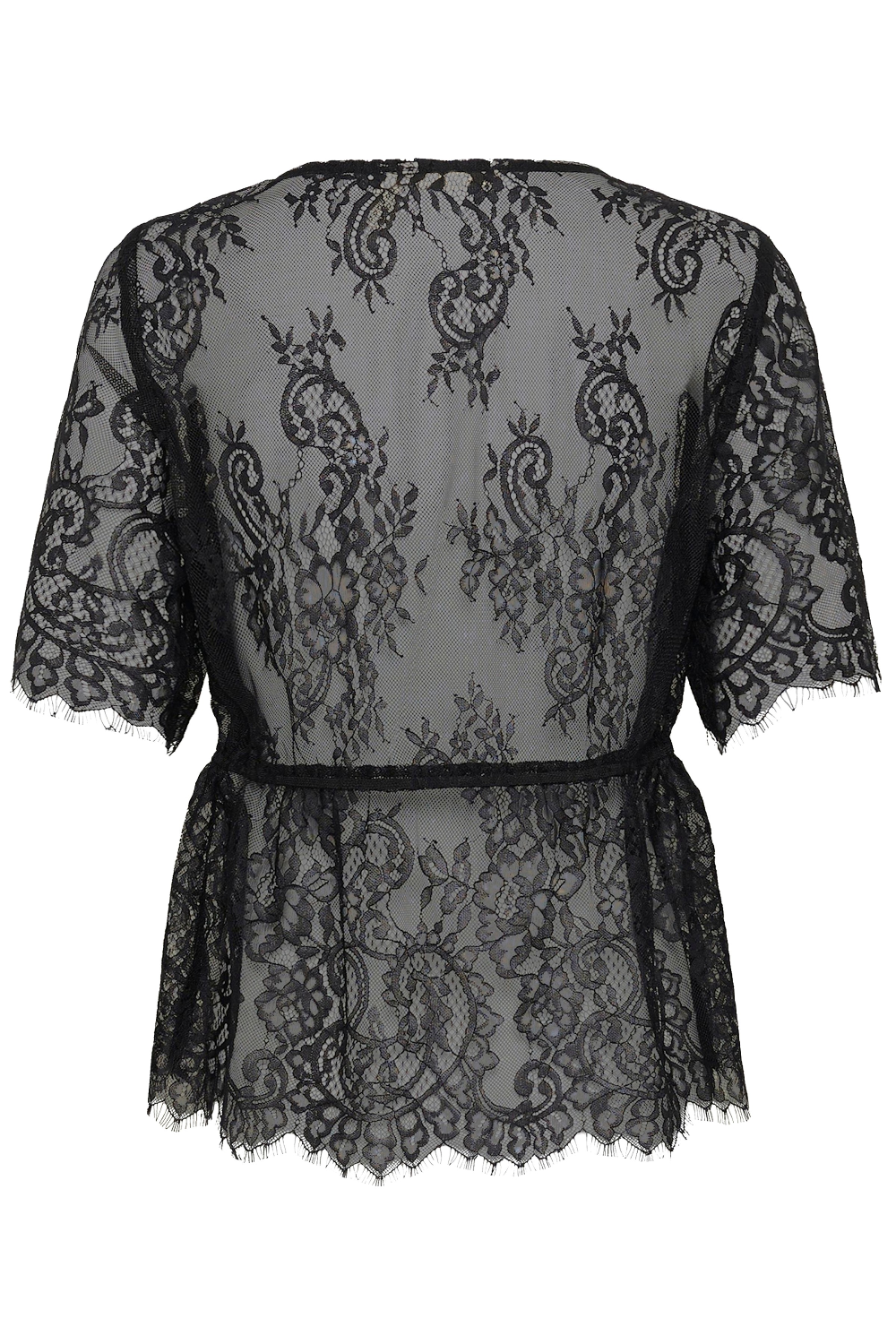 Black lace short-sleeve top with waist tie, shown from the back on a white background.