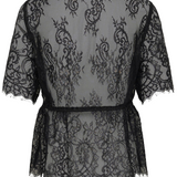 Black lace short-sleeve top with waist tie, shown from the back on a white background.