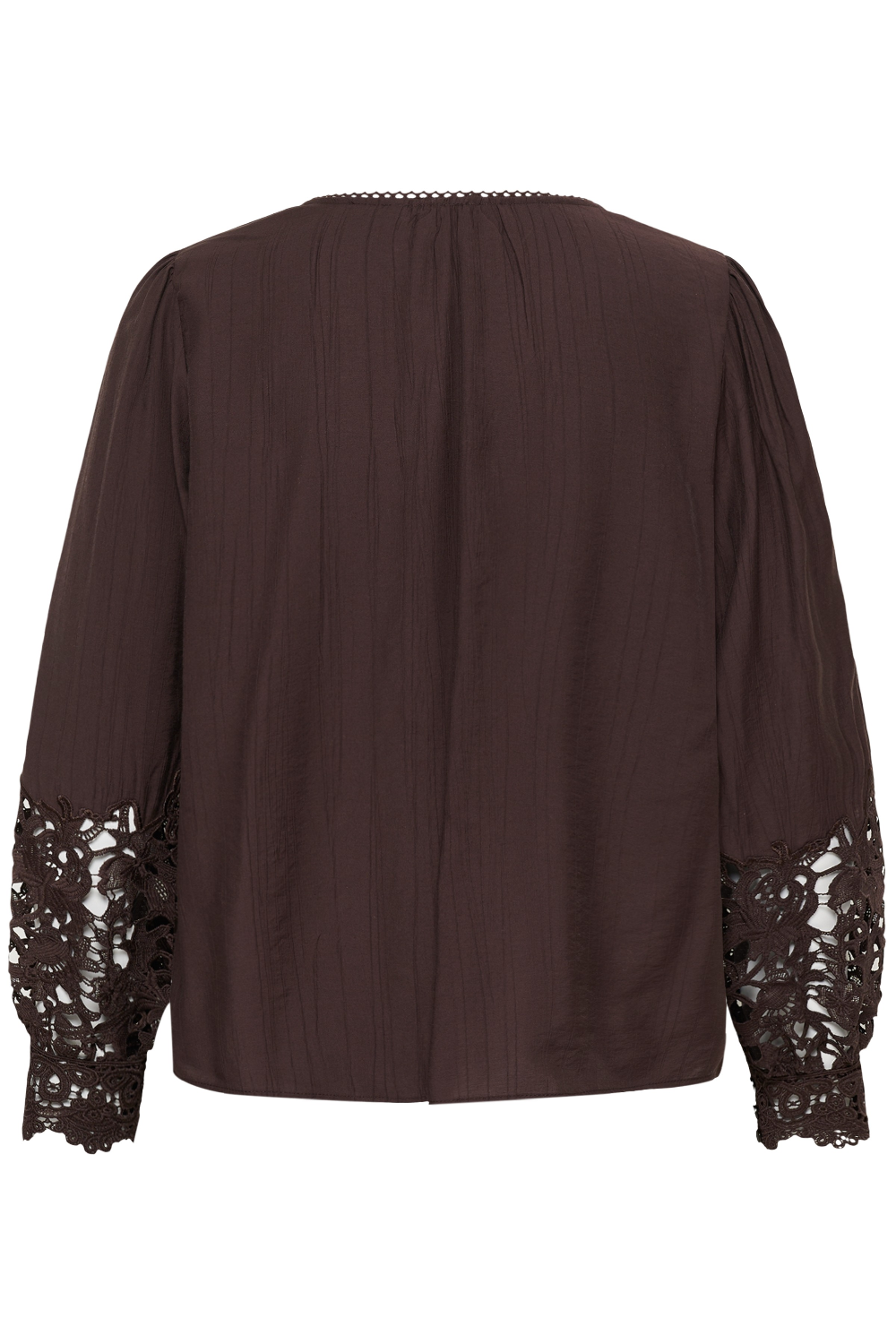 A dark brown long-sleeve blouse shown from the back, featuring a pleated texture, gathered shoulders, and intricate floral lace detailing on the cuffs.
