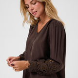 A woman wearing a dark brown long-sleeve blouse with intricate lace detailing on the sleeves, shown against a plain light gray studio background.