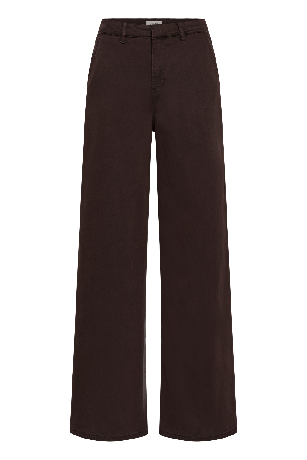 A wide leg brown trouser style denim photographed against a light backdrop.