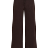 A wide leg brown trouser style denim photographed against a light backdrop.
