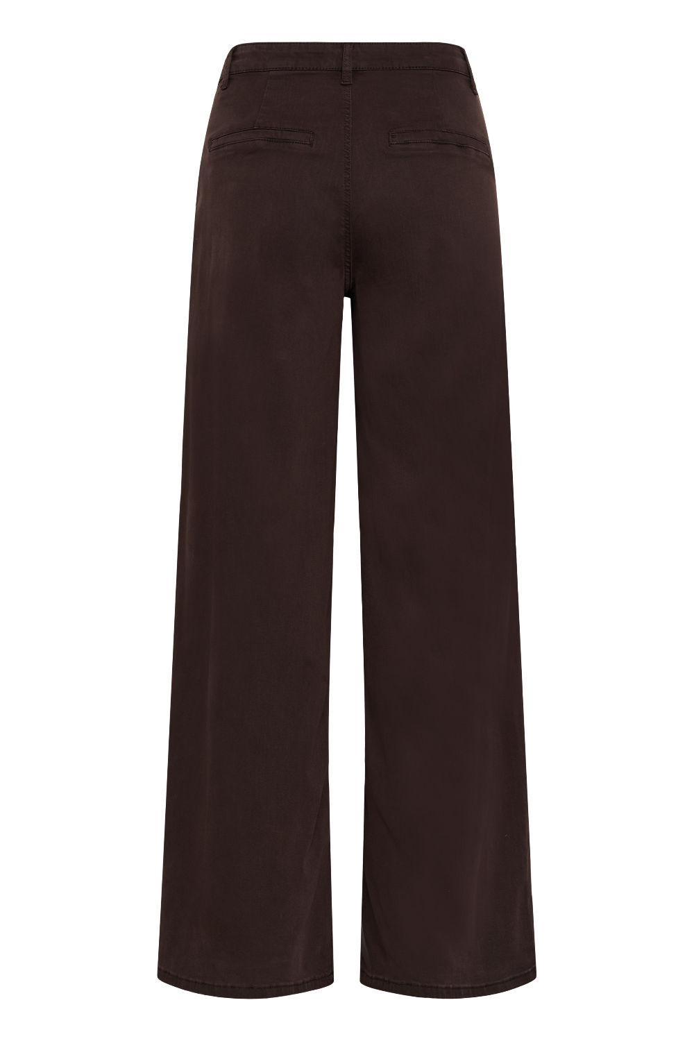 A wide leg brown trouser style denim, shown from behind, photographed against a light backdrop.