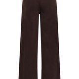 A wide leg brown trouser style denim, shown from behind, photographed against a light backdrop.