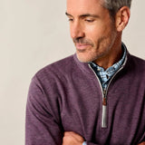 Man wearing a purple sweater with a beige background