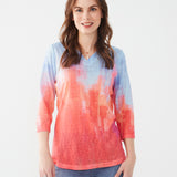 Elevate your style game with the FDJ Notch Neck 3/4 Sleeve Top, featuring a bold Flamingo Gradient design!