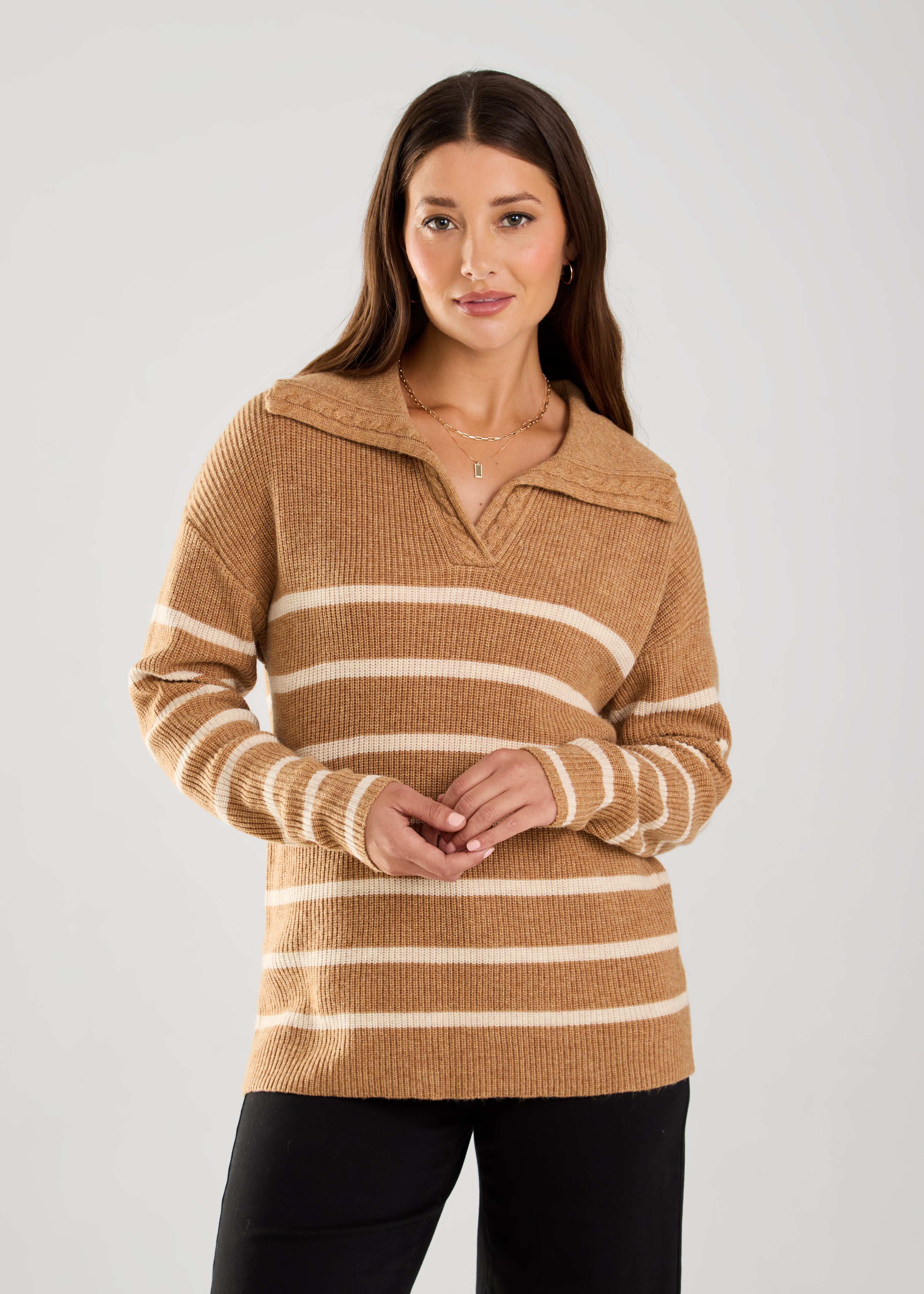 This stripy wonder is your new go-to for chilly days. In a yummy shade of cafe vanilla, the FDJ Collared Stripe Sweater is versatile and stylish. Wrap yourself in warmth and take on the day with a touch of whimsy.