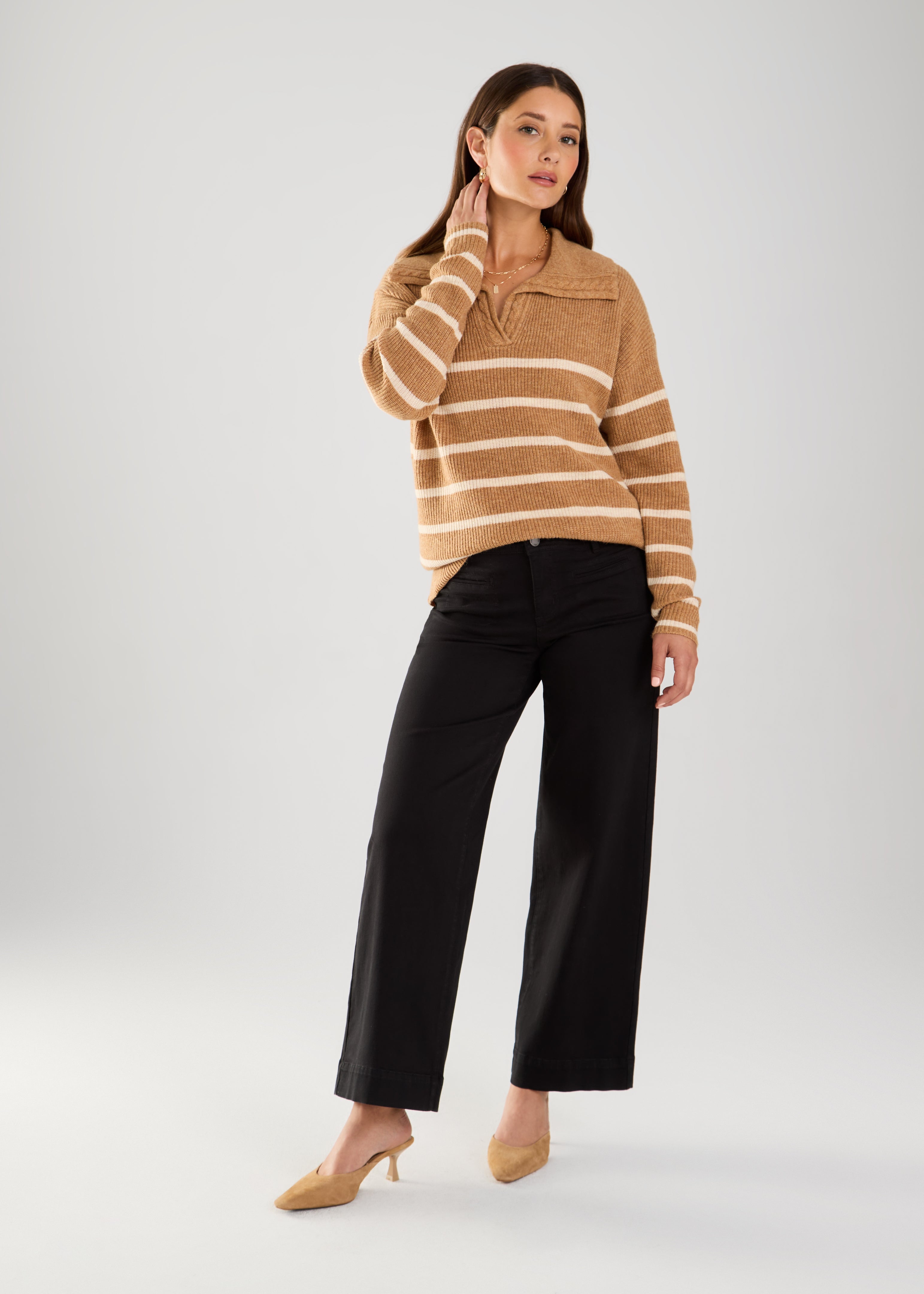 This stripy wonder is your new go-to for chilly days. In a yummy shade of cafe vanilla, the FDJ Collared Stripe Sweater is versatile and stylish. Wrap yourself in warmth and take on the day with a touch of whimsy.