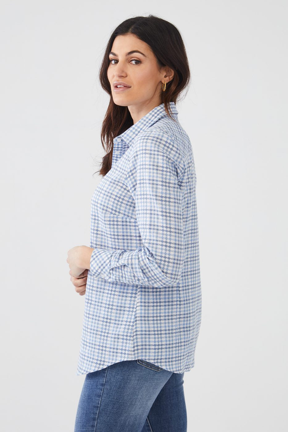 Is it Gingham or Checks? How about both! Plus, the print is textured and it will become your #1 top. 100% Cotton