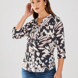 This FDJ Henley Top is royally stylish with its Monarch print. Made from 100% Polyester, it offers a comfortable and lightweight look for any occasion. Rule the fashion game with this playful piece.&nbsp;