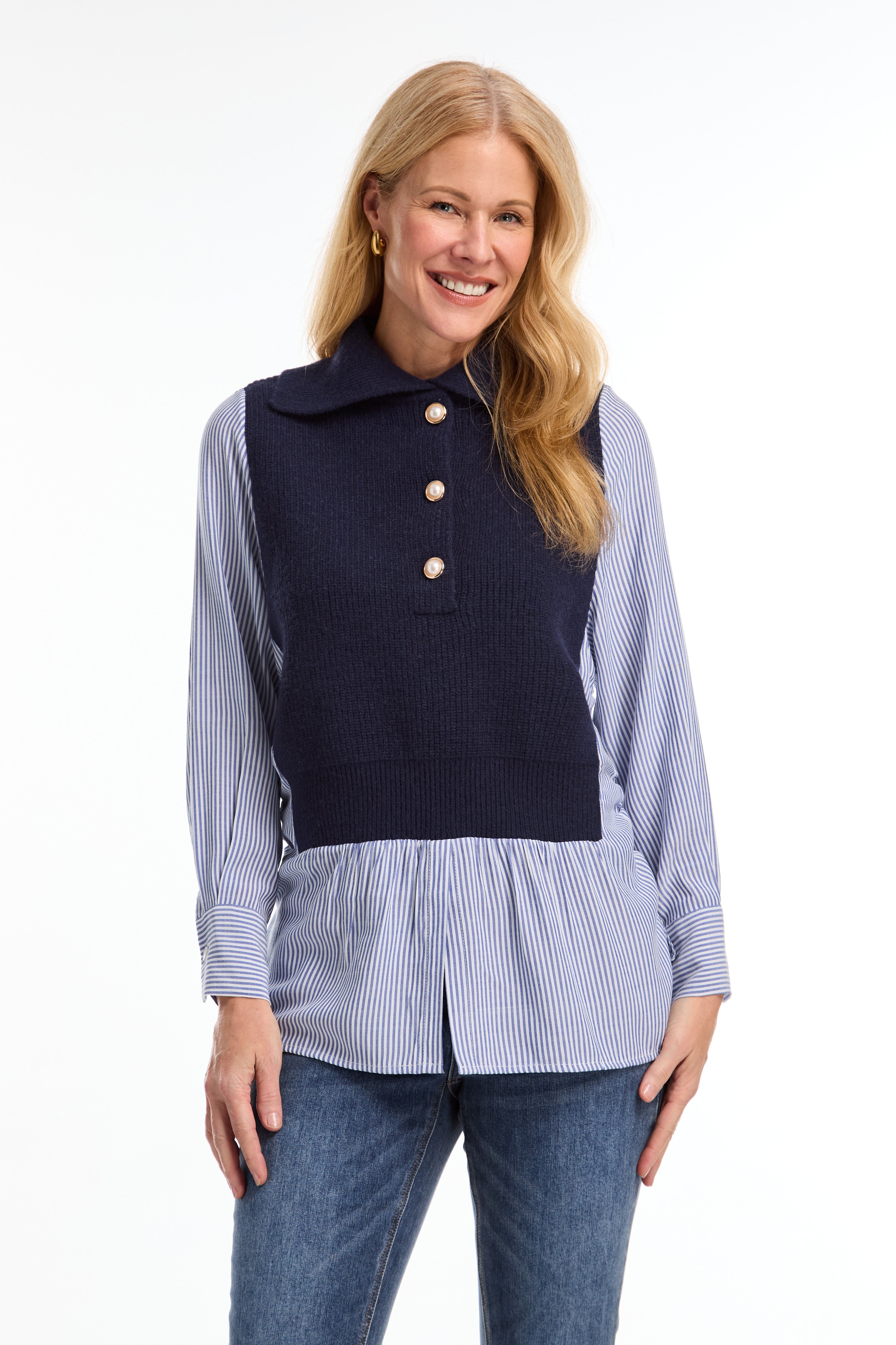 Make dressing effortless with the FDJ Mix Media Sweater. This unique piece combines a sweater and blouse for a layered look. The beautiful pearl look buttons add a touch of elegance. Say goodbye to the hassle of outfit coordination with this versatile and stylish sweater.