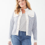 This FDJ Mixed Media Jacket boasts an indigo mix that gives off a sophisticated and versatile look. With a fully lined interior and snap closure, this jacket provides both style and functionality. The fringe trim detail adds a touch of trendy appeal. Expertly crafted with a professional touch.
