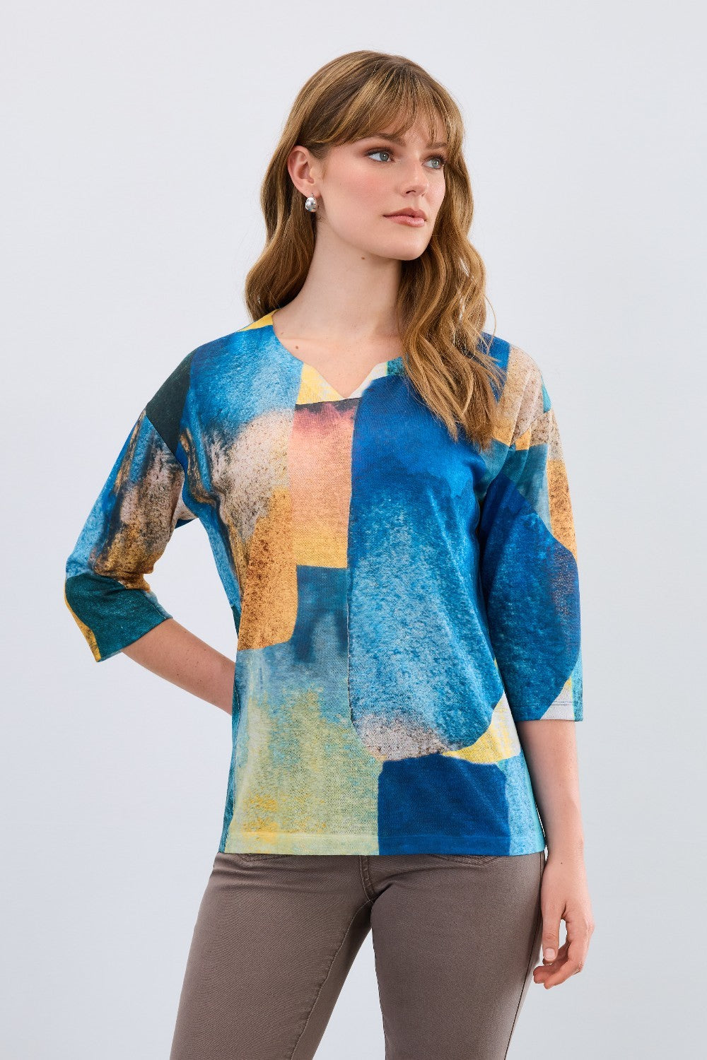 The FDJ Drop Shoulder Notch Neck Top offers a vibrant colour combination that brightens your casual wardrobe. Its lightweight fabric ensures comfort throughout the day, while the 3/4 sleeves provide a relaxed, easygoing style. Designed to pair effortlessly with denim, this top is a versatile choice for everyday wear.