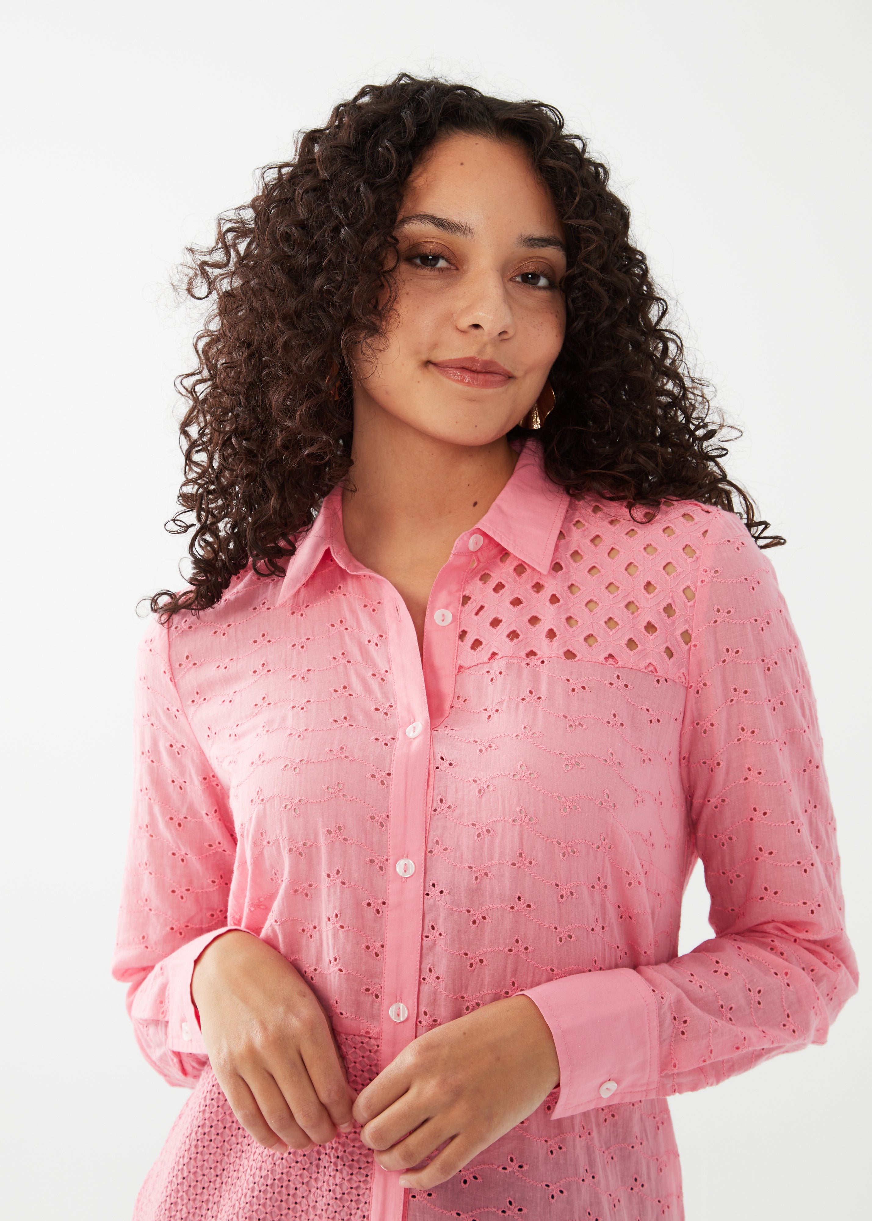 Experience the vibrant charm of the FDJ Patchwork Eyelet Tunic Shirt in flamingo pink! Designed to stand out, this shirt adds a pop of colour to any outfit. Its unique patchwork and eyelet details make a statement while providing a comfortable and flattering fit. Radiate confidence and style with this eye-catching shirt.