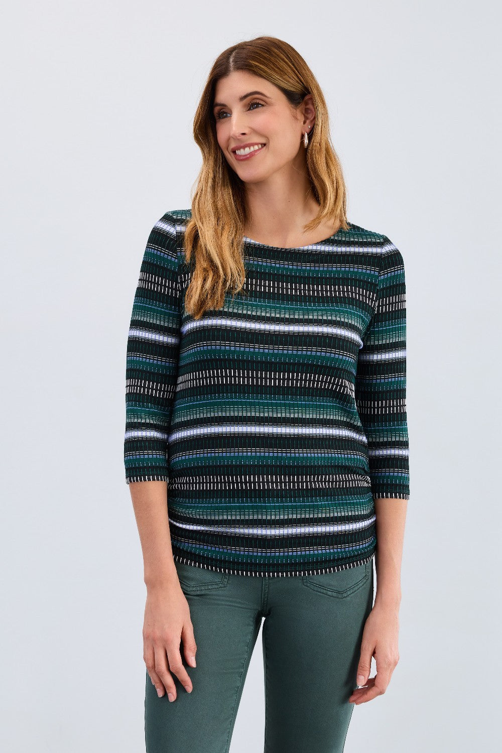 This FDJ Ruched Side Top features comfortable 3/4 sleeves and a casual design, making it an easy choice for everyday wear. The ruched detailing on the side adds a flattering touch, enhancing your silhouette while keeping you comfortable throughout the day.
