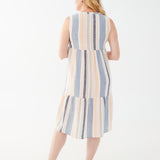 Stay stylish and comfortable in our FDJ Sleeveless Tiered Midi Dress. Perfect for summer with its baha stripe design and linen blend fabric. Plus, it has pockets for added convenience!