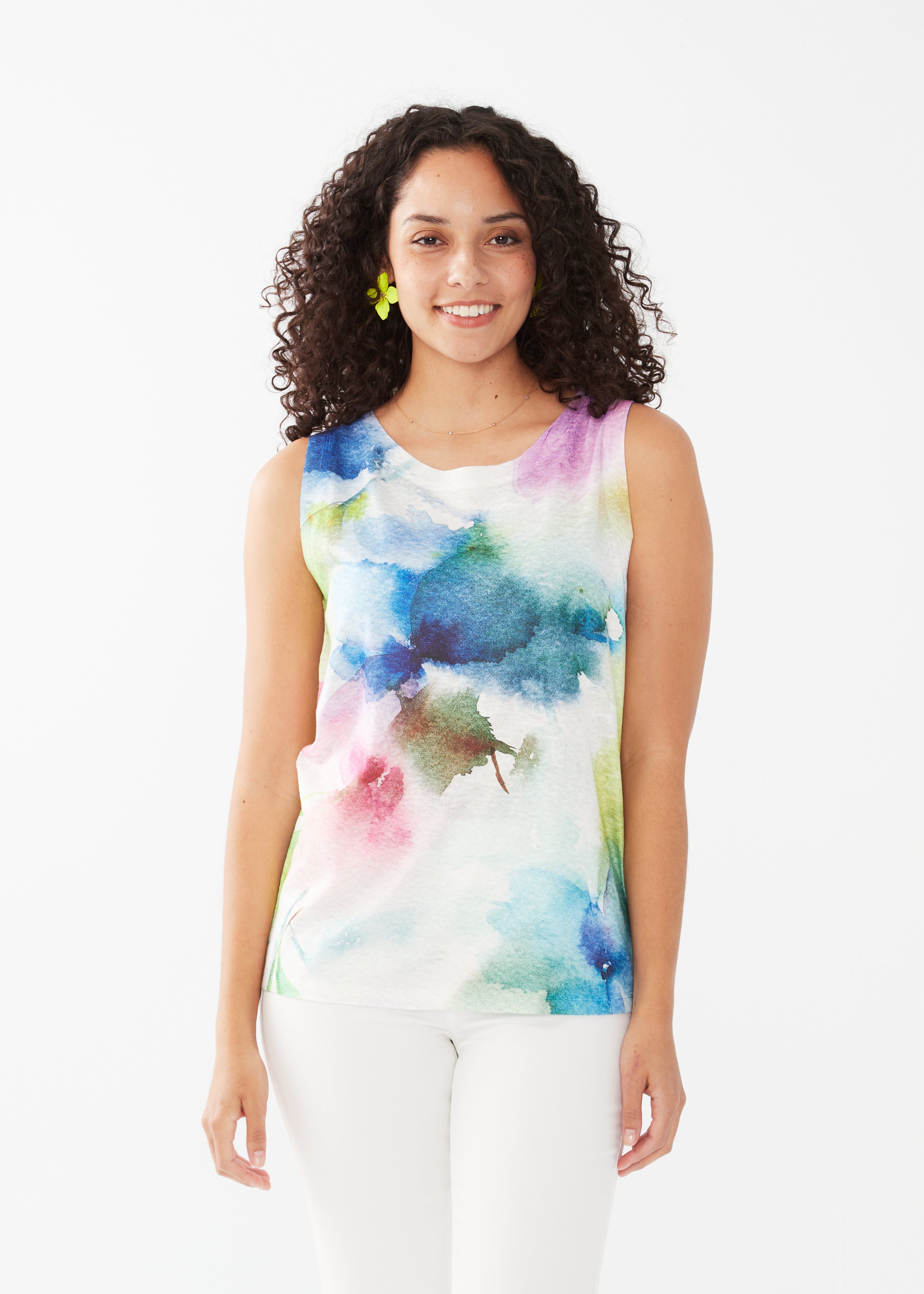 Add a splash of colour to your wardrobe with our FDJ Sleeveless Top! The watercolour design is sure to turn heads, and the gorgeous shades pair perfectly with any denim. Say goodbye to boring tops and hello to style with this denim-friendly piece!