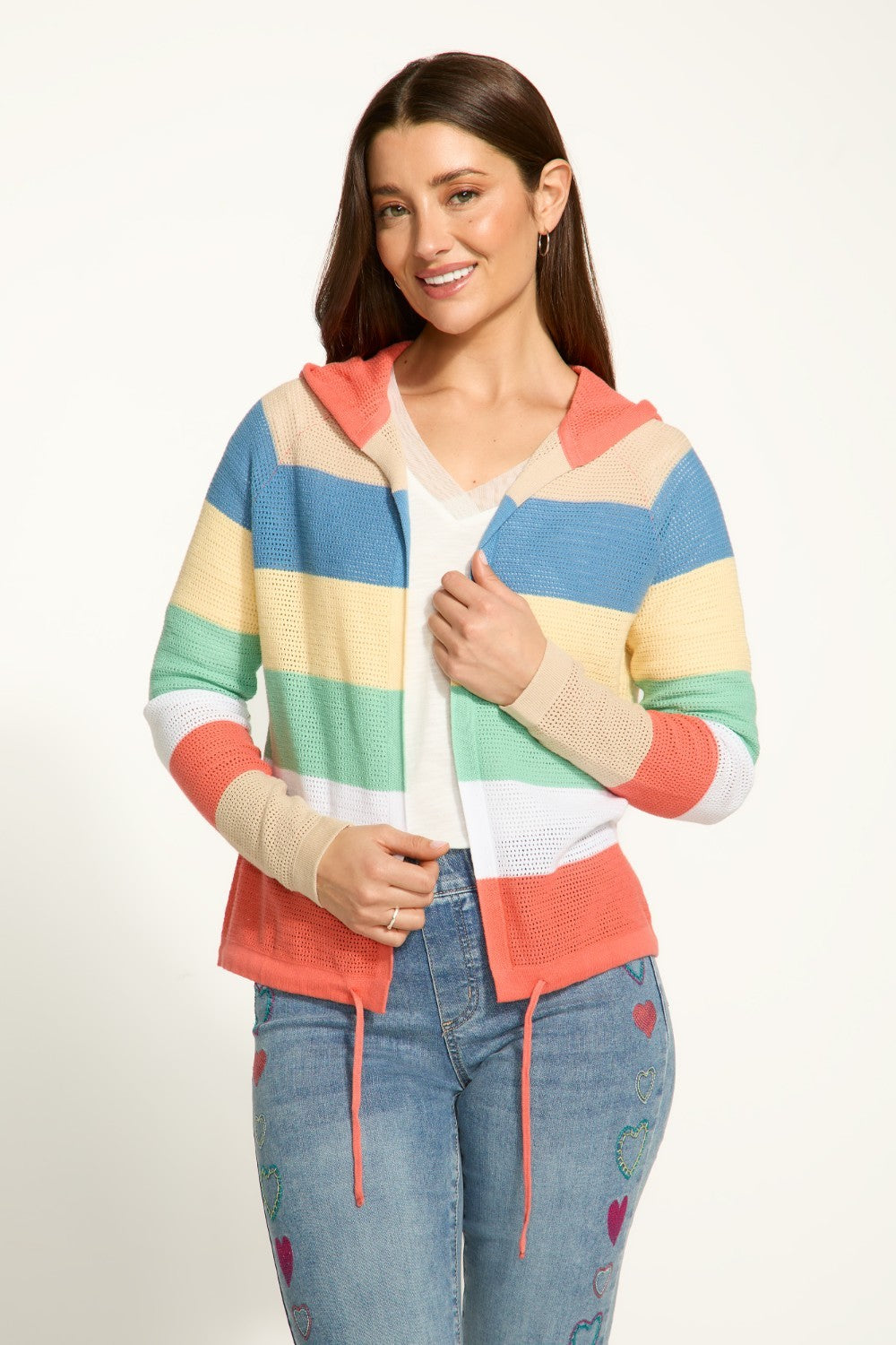 Expertly crafted with 100% cotton, the FDJ Striped Pointelle Hooded Cardigan provides ultimate comfort and style. The colourful stripes add a pop of personality to any outfit, making it a versatile addition to your wardrobe. Stay cozy and fashionable with this must-have piece.