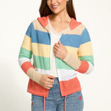 Expertly crafted with 100% cotton, the FDJ Striped Pointelle Hooded Cardigan provides ultimate comfort and style. The colourful stripes add a pop of personality to any outfit, making it a versatile addition to your wardrobe. Stay cozy and fashionable with this must-have piece.