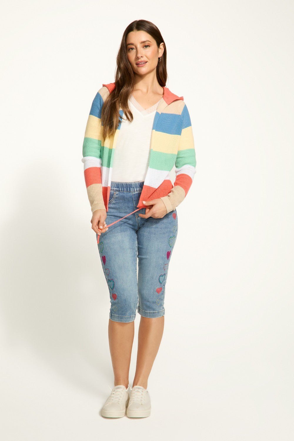 Expertly crafted with 100% cotton, the FDJ Striped Pointelle Hooded Cardigan provides ultimate comfort and style. The colourful stripes add a pop of personality to any outfit, making it a versatile addition to your wardrobe. Stay cozy and fashionable with this must-have piece.