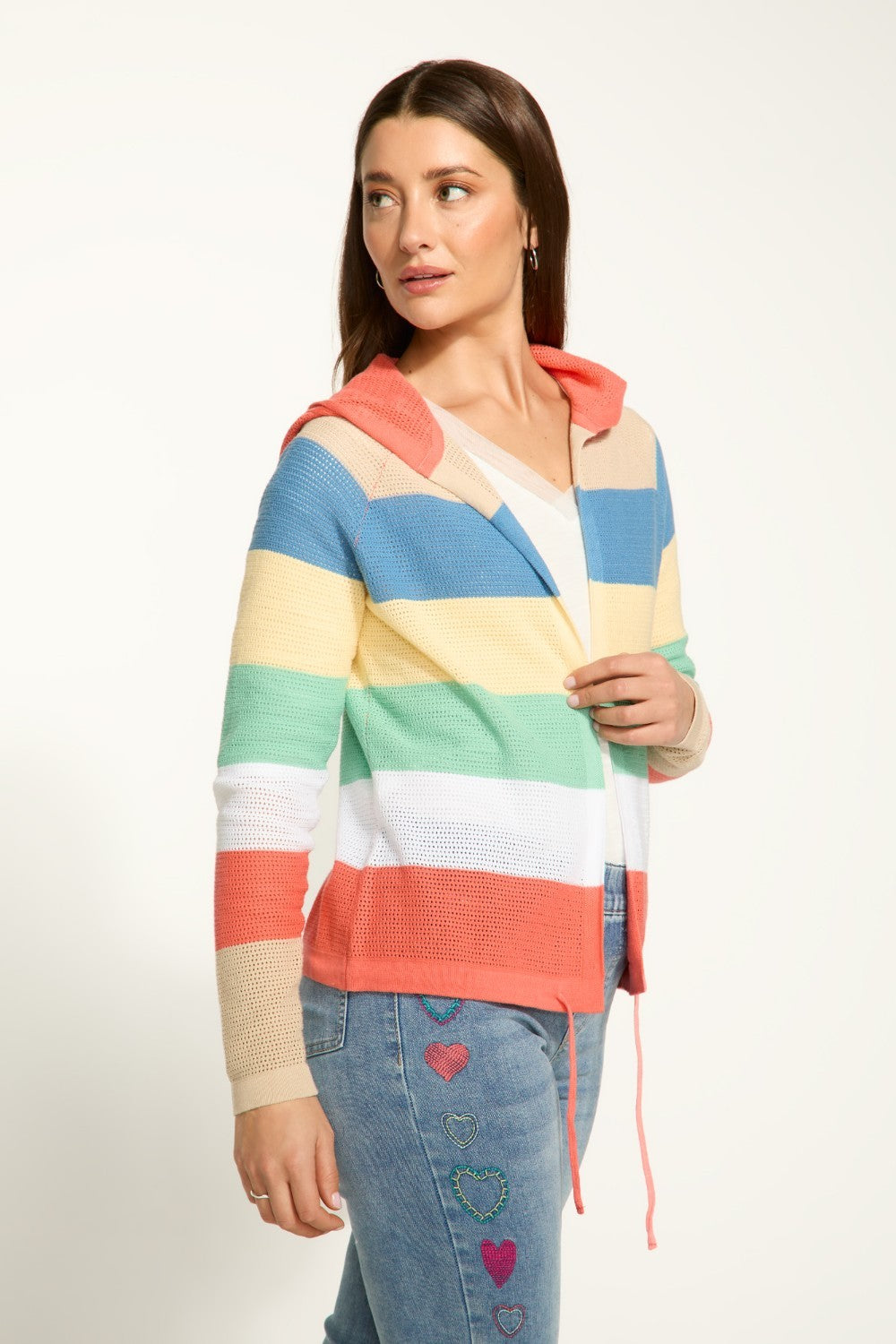 Expertly crafted with 100% cotton, the FDJ Striped Pointelle Hooded Cardigan provides ultimate comfort and style. The colourful stripes add a pop of personality to any outfit, making it a versatile addition to your wardrobe. Stay cozy and fashionable with this must-have piece.