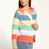 Expertly crafted with 100% cotton, the FDJ Striped Pointelle Hooded Cardigan provides ultimate comfort and style. The colourful stripes add a pop of personality to any outfit, making it a versatile addition to your wardrobe. Stay cozy and fashionable with this must-have piece.