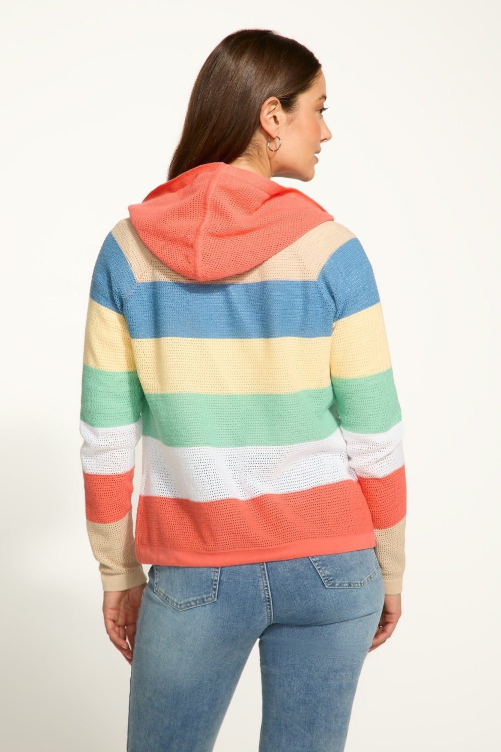 Expertly crafted with 100% cotton, the FDJ Striped Pointelle Hooded Cardigan provides ultimate comfort and style. The colourful stripes add a pop of personality to any outfit, making it a versatile addition to your wardrobe. Stay cozy and fashionable with this must-have piece.