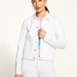 Experience timeless style with the FDJ Twill Jacket. Featuring a classic jean jacket design in a crisp white, this jacket is the perfect addition to any wardrobe. Elevate your look with this versatile and stylish piece.