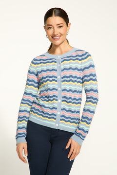 This FDJ Wave Stitch Cardigan features a full button front for easy wear and a lightweight design for added comfort. With a fun wave stitch pattern, this cardigan is ideal for adding a pop of style to any outfit.