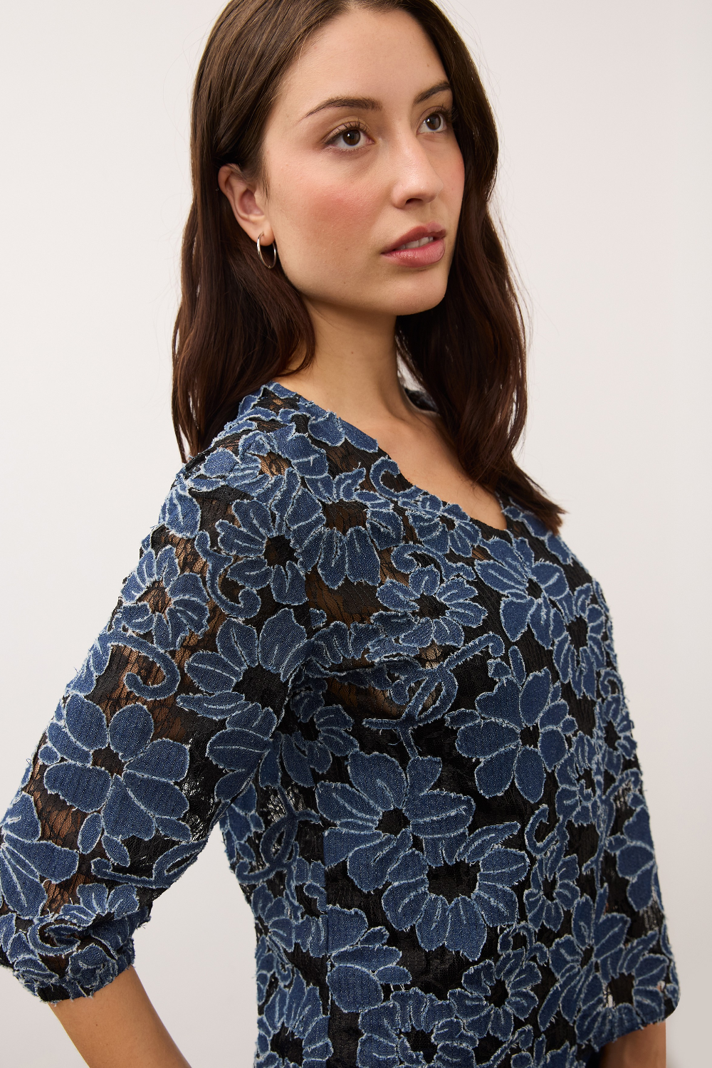 Woman wearing a blue and black floral lace 3/4 sleeve v-neck top on a light background.
