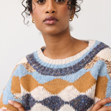 Woman modelling a multi coloured sweater photographed against a light background.