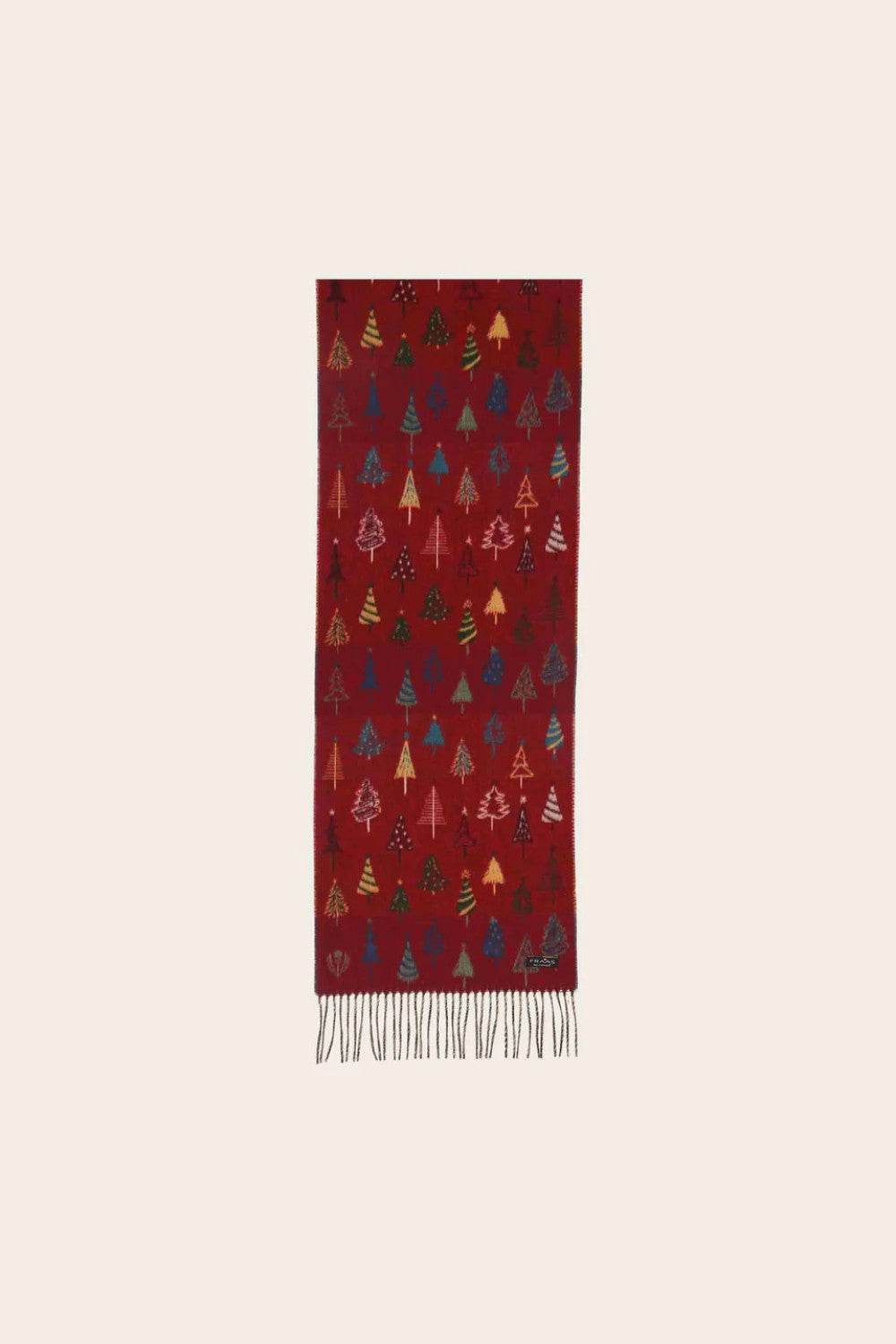 Red scarf with Christmas tree pattern on a white background
