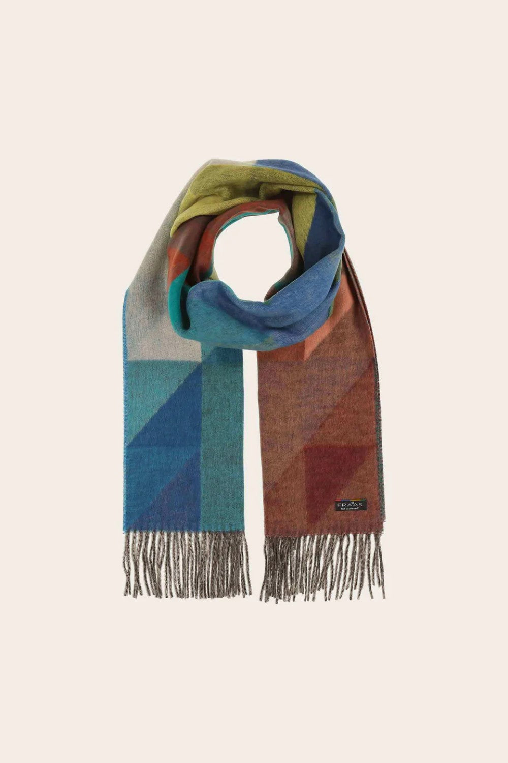 Multicolored scarf with geometric pattern on a beige background