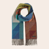 Multicolored scarf with geometric pattern on a beige background