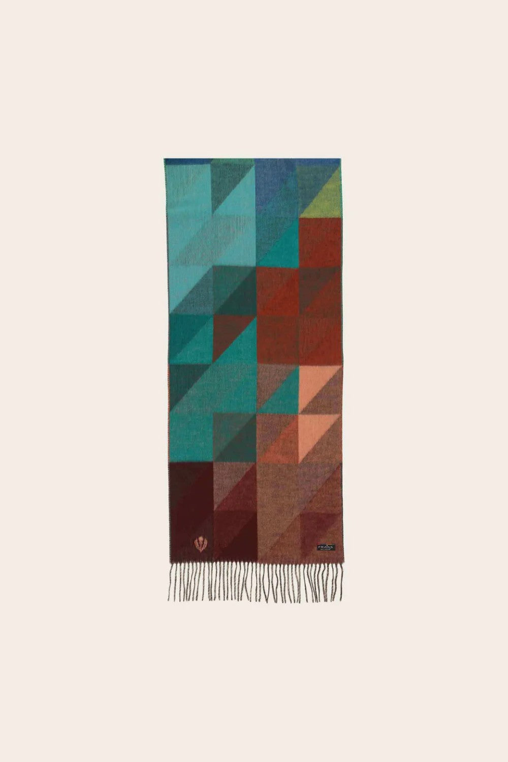 Multicolored geometric patterned scarf on a white background