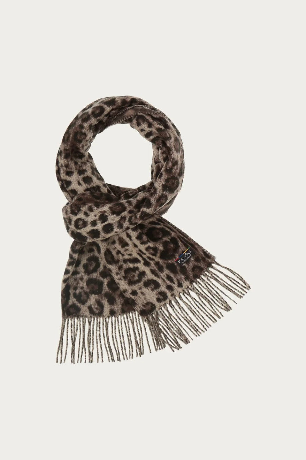 Leopard print scarf with fringes on a light gray background