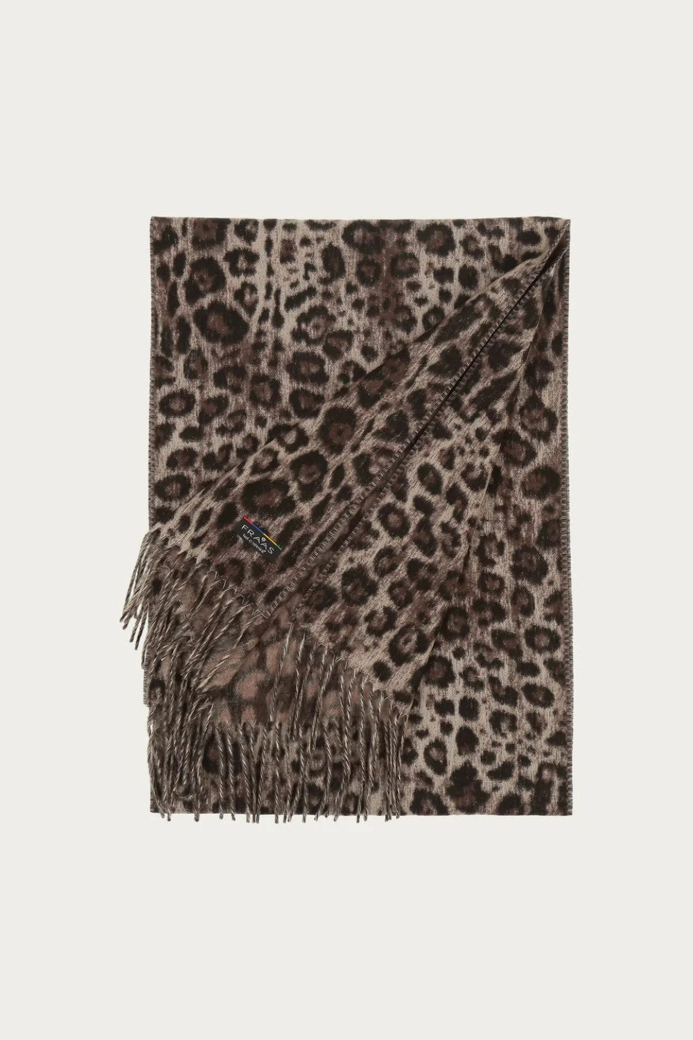 Leopard print scarf with fringes on a white background