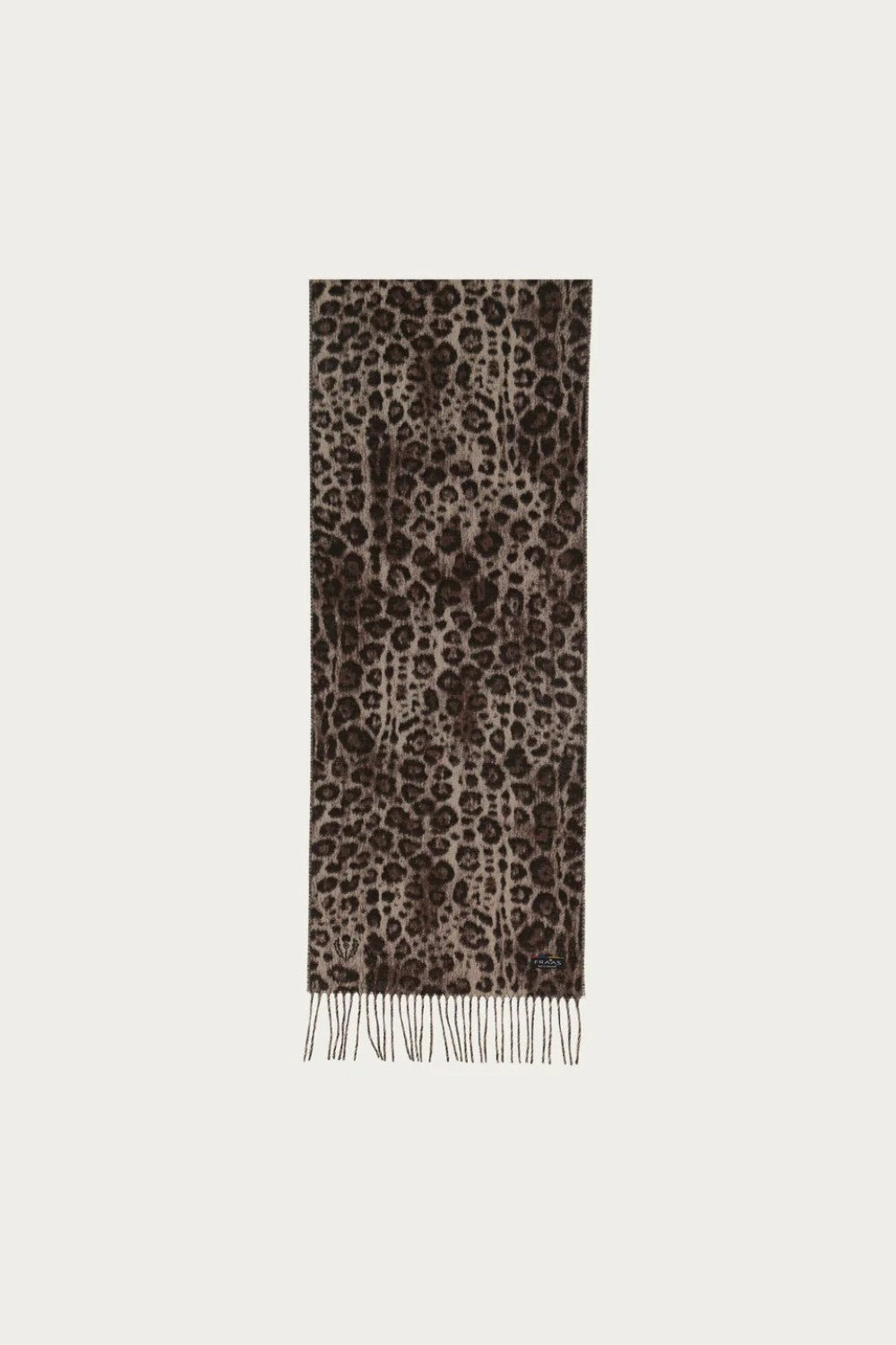 Leopard print scarf with fringes on a light gray background