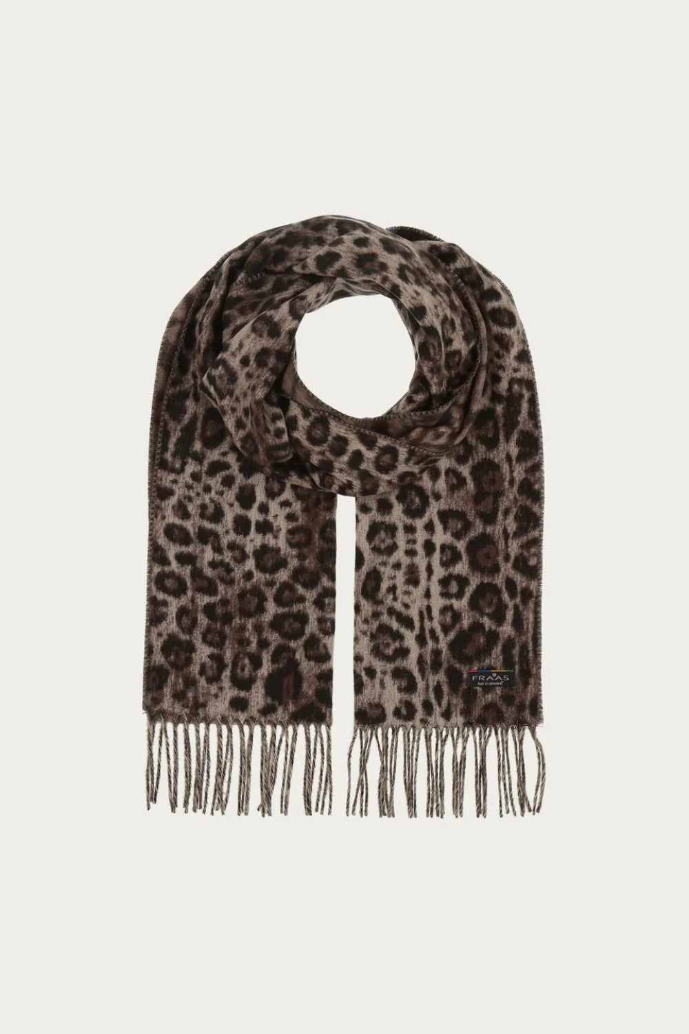 Leopard print scarf with fringes on a light gray background