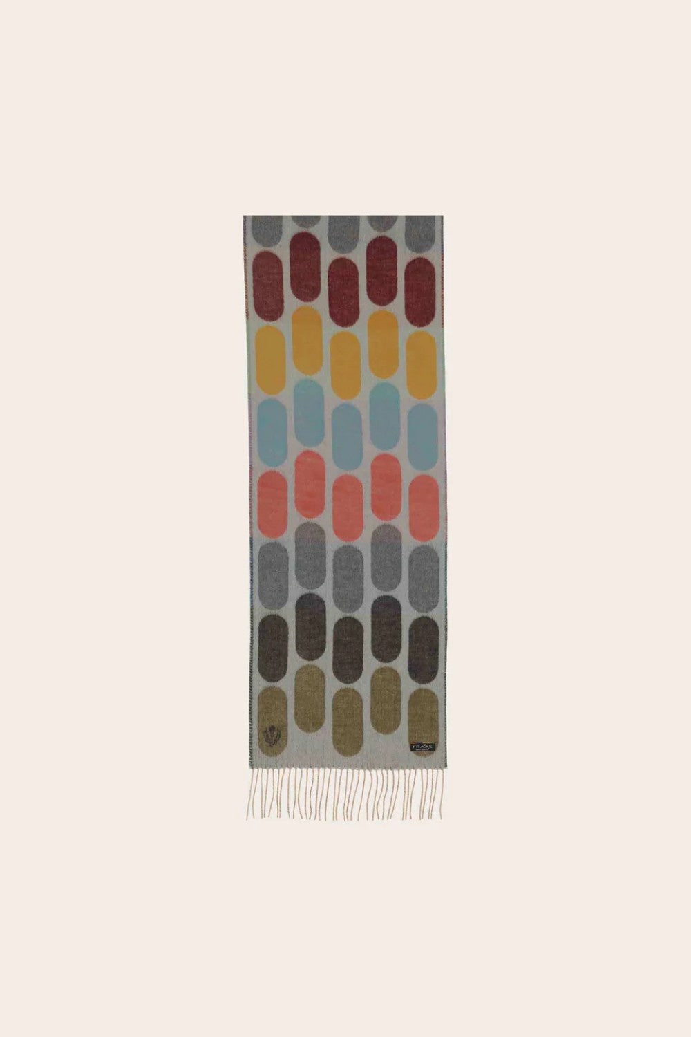 Rectangular scarf with colorful abstract pattern on a beige background
