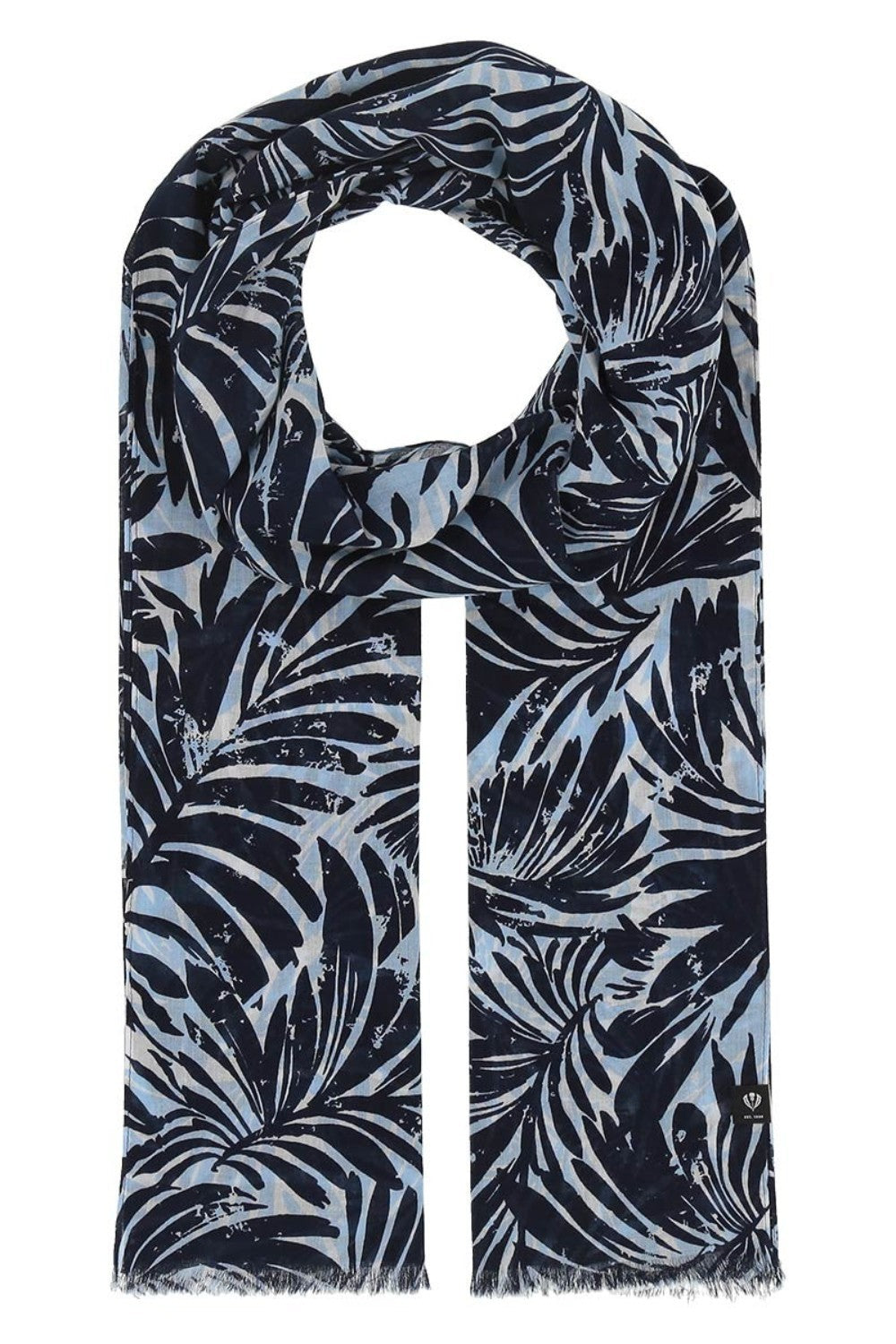 Scarf with blue leaf pattern on a white background