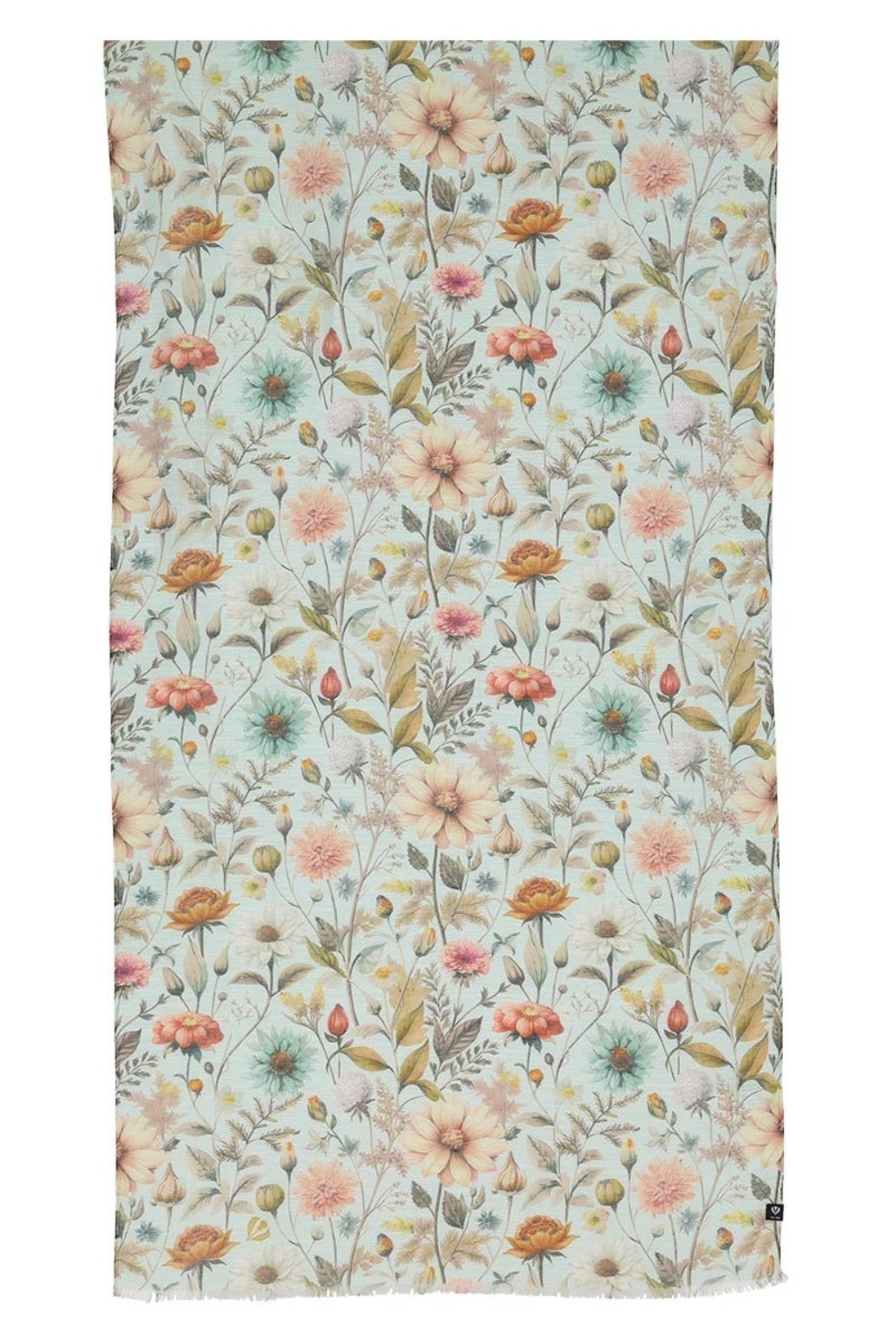 Floral patterned fabric with pastel colors on a light blue background
