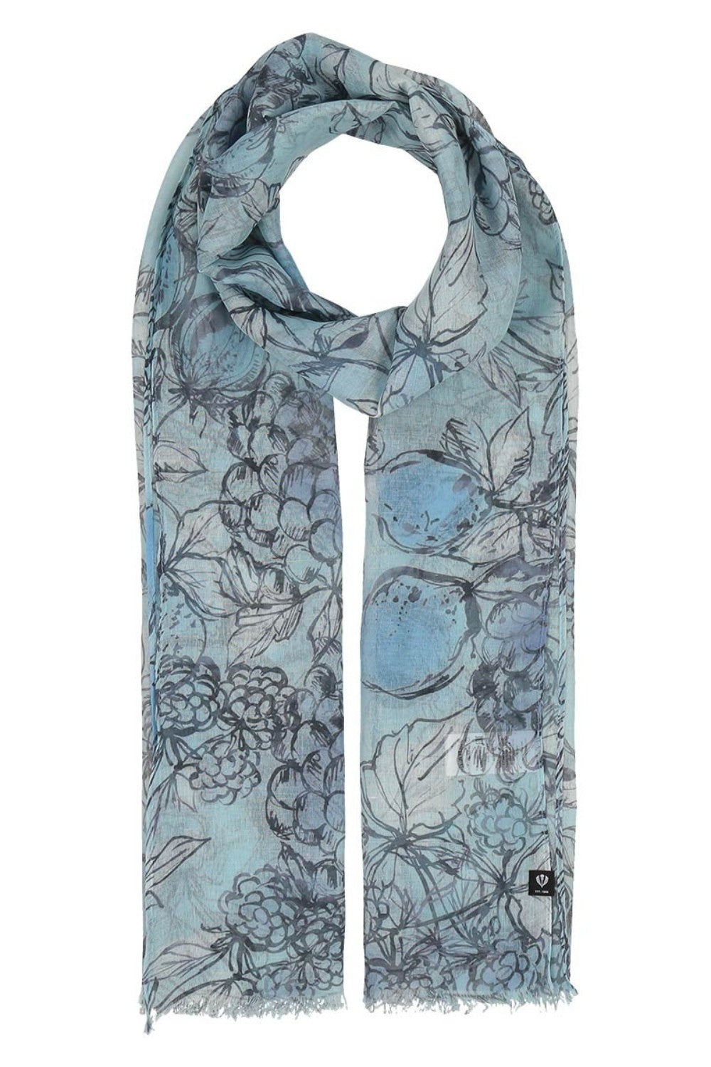Floral patterned scarf with blue tones on a white background