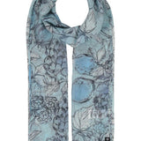 Floral patterned scarf with blue tones on a white background