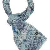 Blue floral patterned scarf on a white background