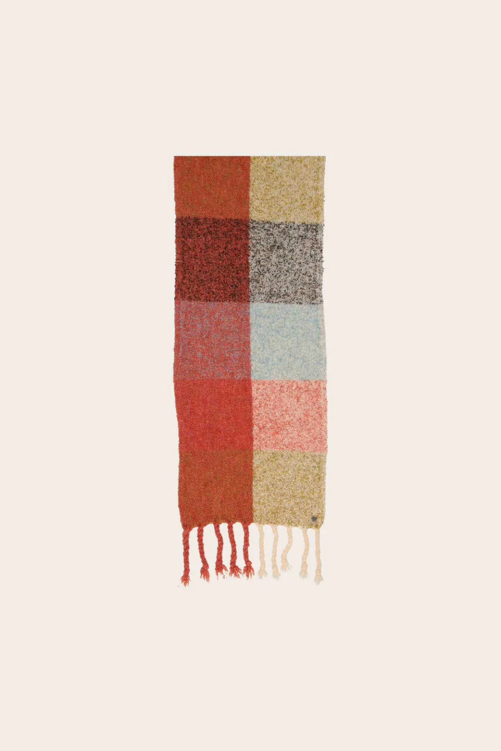 Checkered scarf with fringes on a beige background