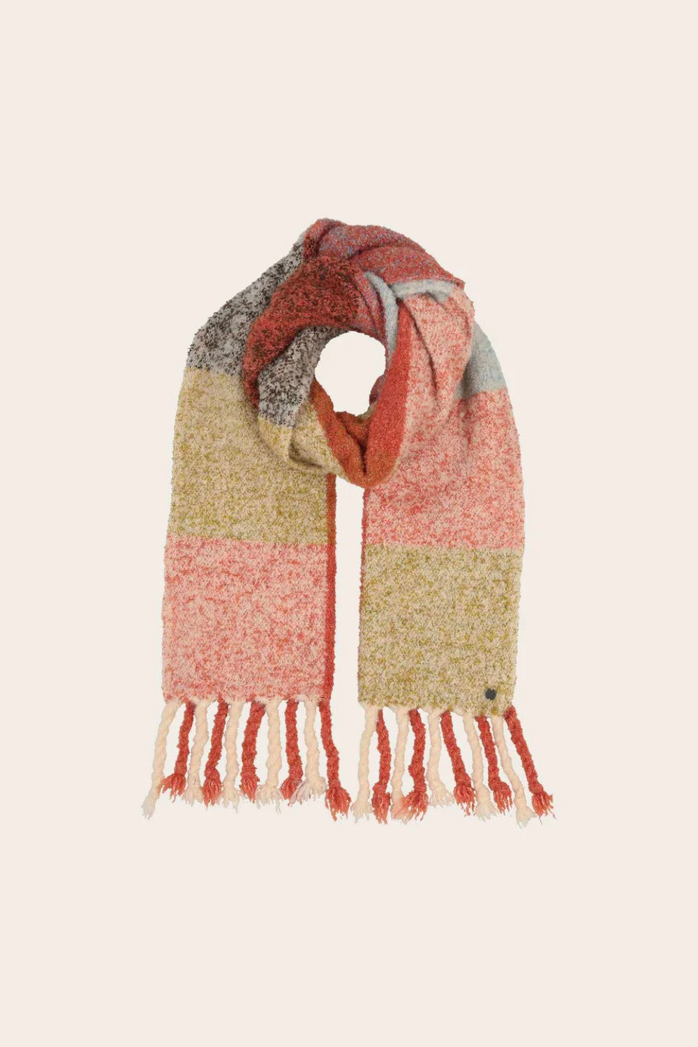 Multicolored scarf with fringes on a beige background