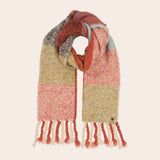 Multicolored scarf with fringes on a beige background